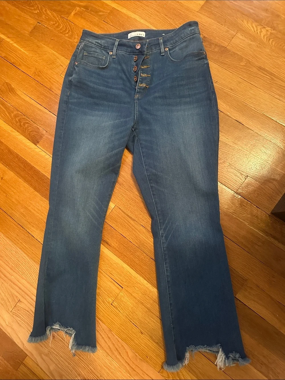 LOFT Button-Fly Wide Leg Jeans in Medium Blue with Frayed Hem